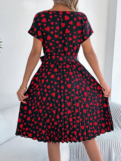Heart Print Short Sleeve Tie Waist Dress - adritiX