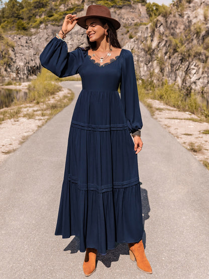 Elegant Long Sleeve Lace Trim Maxi Dress - adritiX