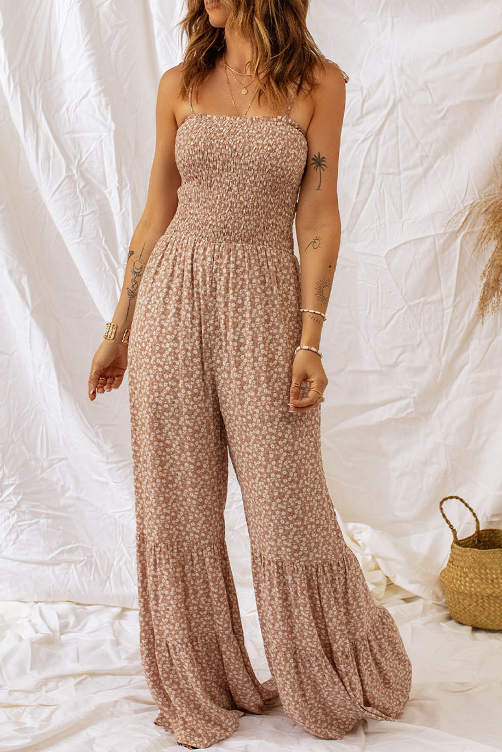Elegant Floral Spaghetti Strap Smocked Wide Leg Jumpsuit - adritiX