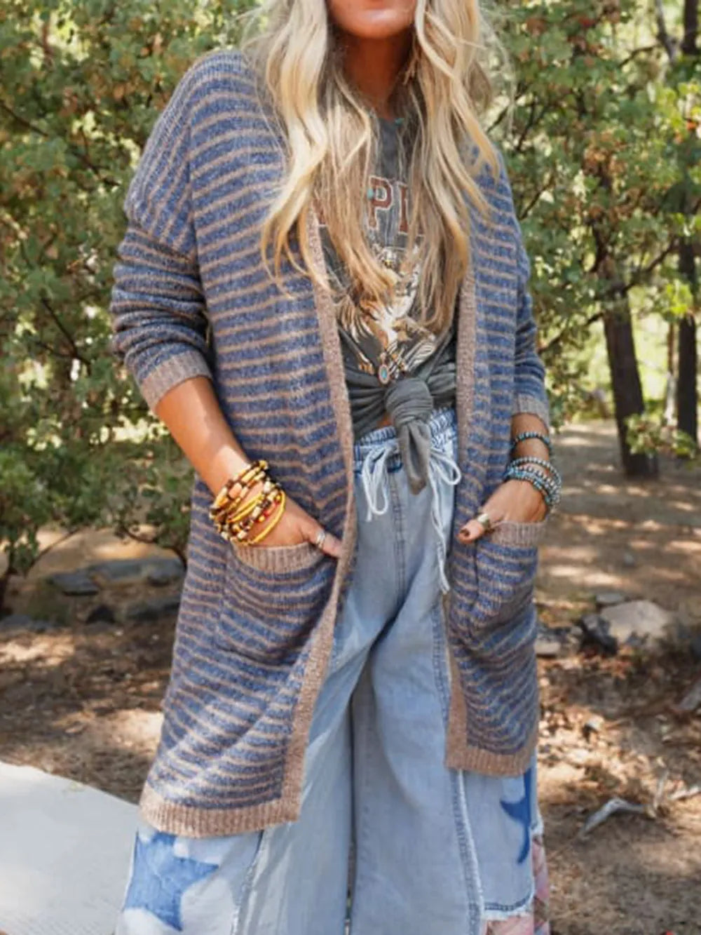 Open Front Long Sleeve Striped Cardigan - adritiX
