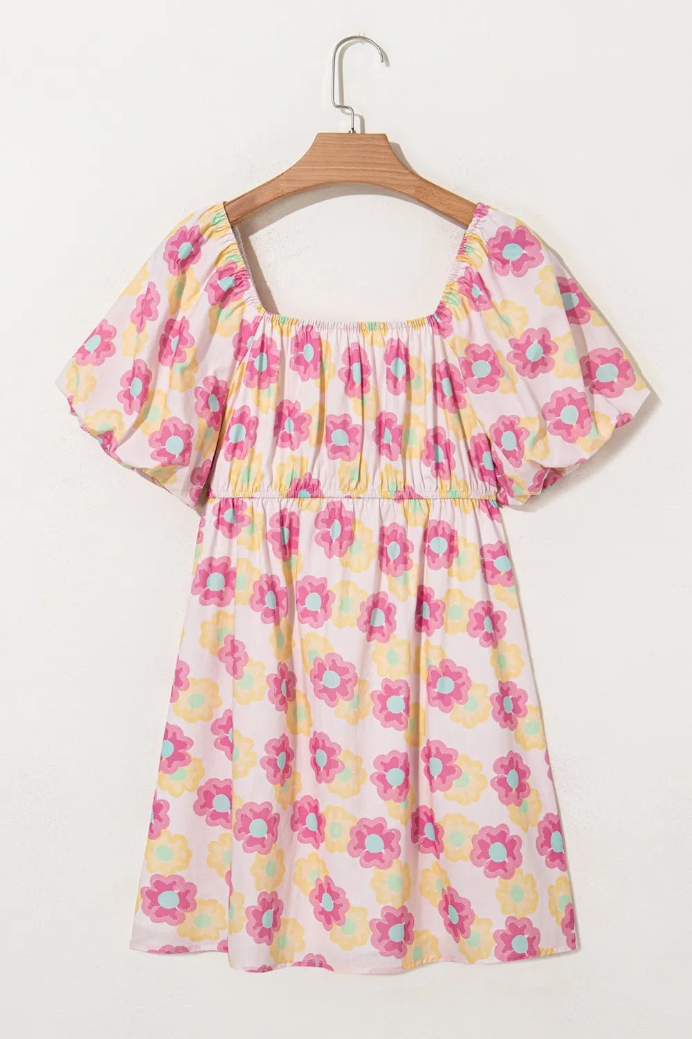 Floral Square Neck Puff Sleeve Pleated Flared Midi Dress - adritiX