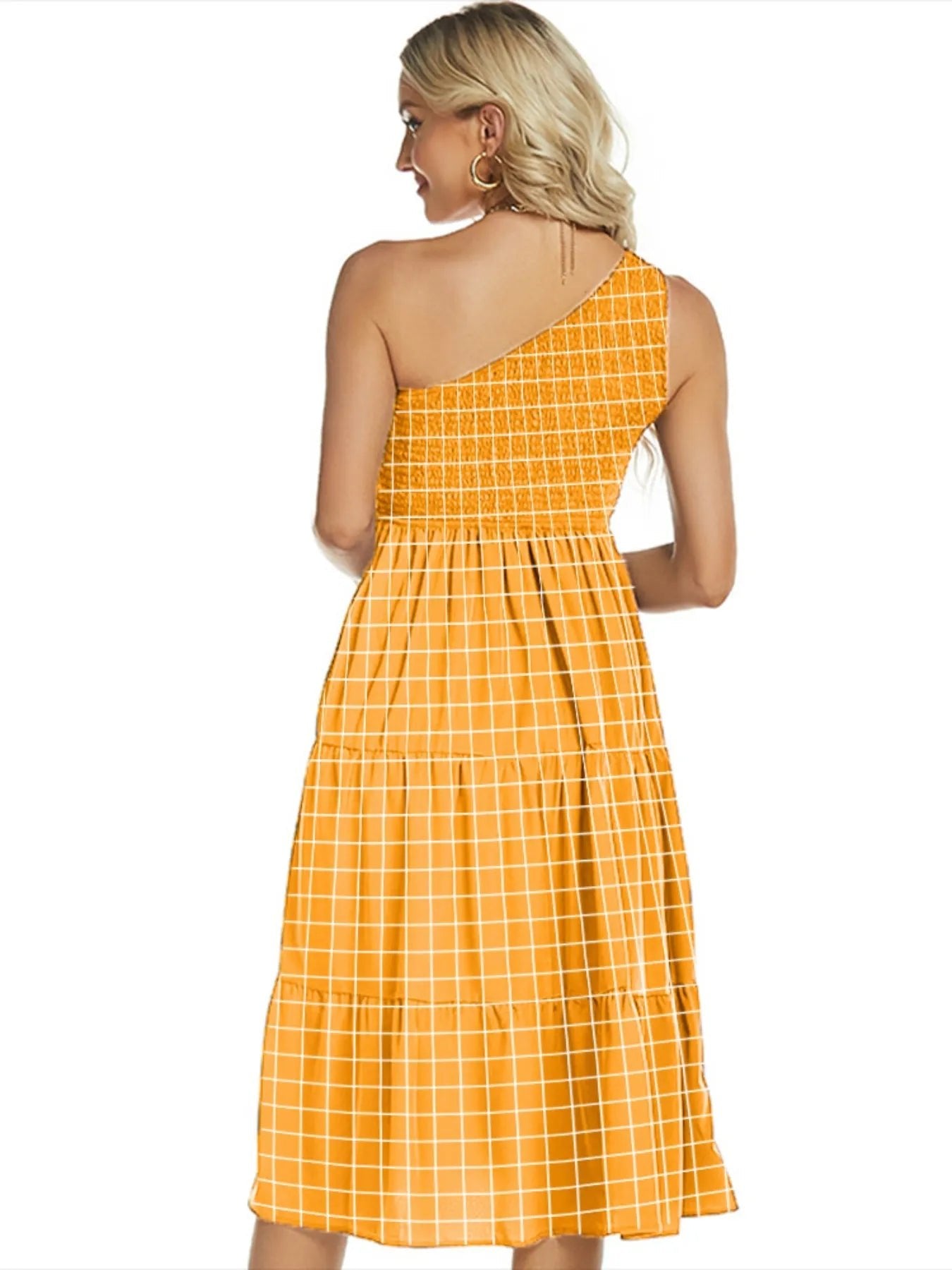 One-Shoulder Tiered Midi Dress with Smocked Bodice - adritiX