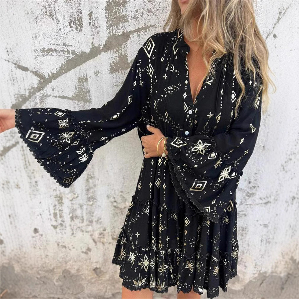 Elegant Bronzing Fashion Horn Lace Sleeve Hollow Dress - adritiX