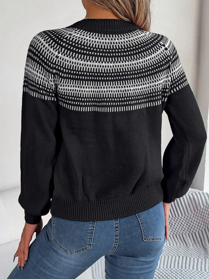 Contrast Round Neck Long Sleeve Sweater - adritiX