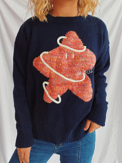 Contrast Star Round Neck Long Sleeve Sweater - adritiX