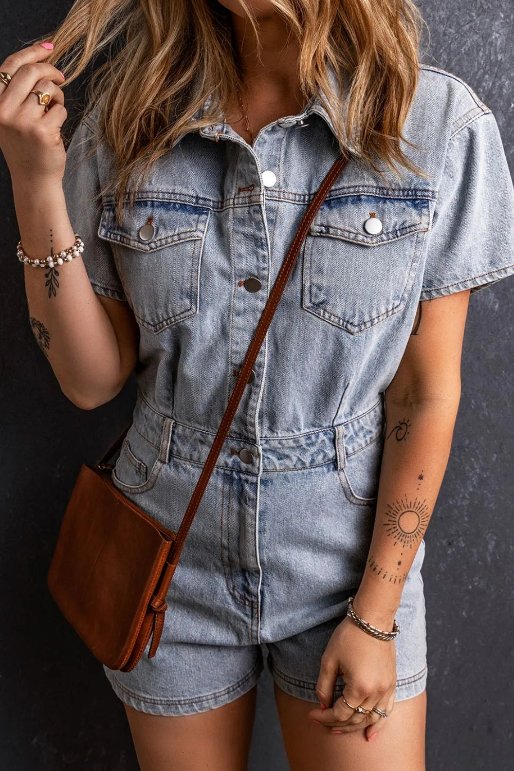 Elegant Washed Button Down Pocketed Denim Romper - adritiX