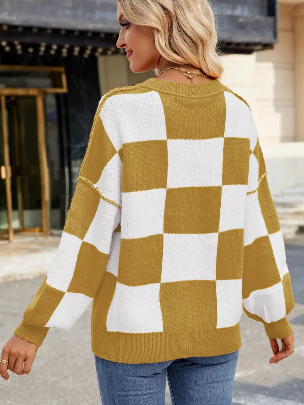 Checkered Round Neck Long Sleeve Sweater - adritiX