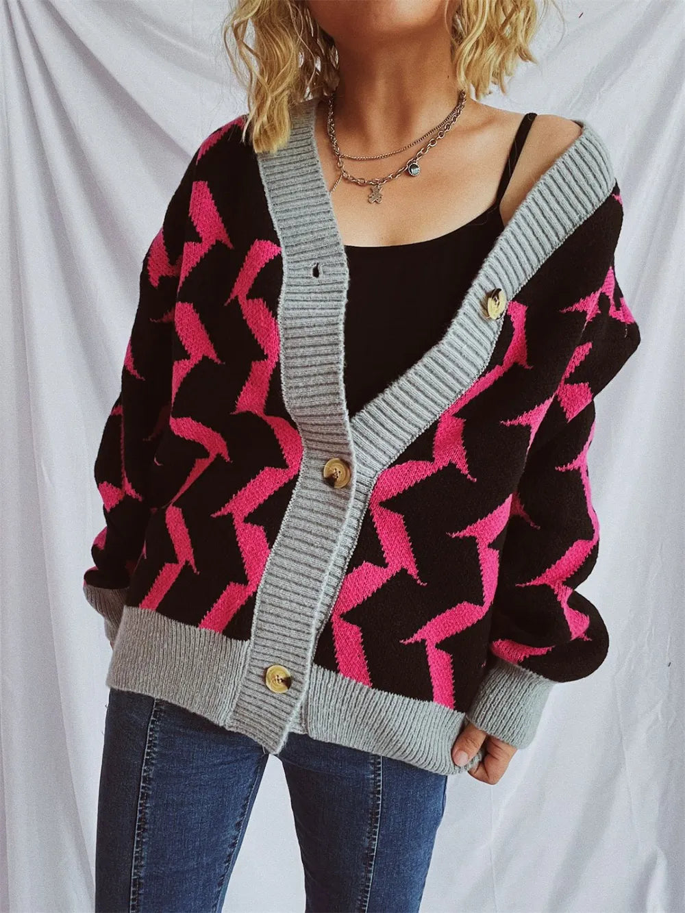 Contrast Trim Geometric V-Neck Long Sleeve Cardigan - adritiX