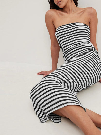 Slit Back Striped Strapless Bodycon Midi Dress - adritiX