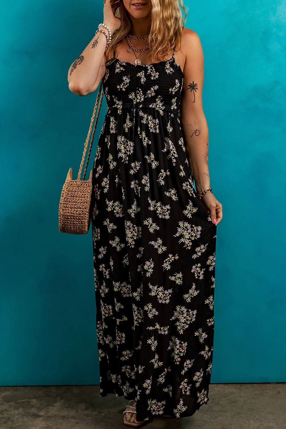 Floral Spaghetti Strap Shirred Bodice Tied Empire Waist Maxi Dress - adritiX