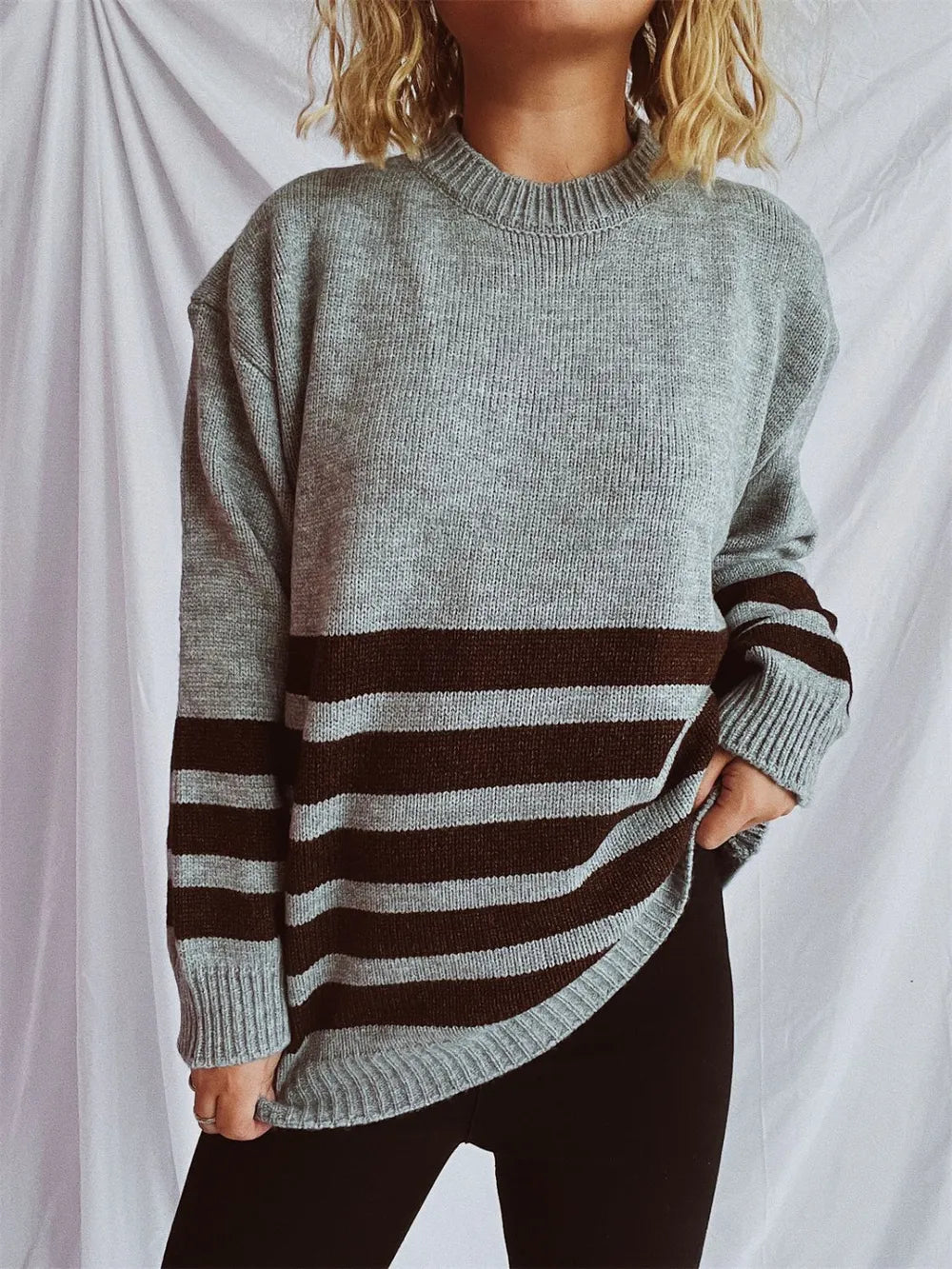 Striped Dropped Shoulder Long Sleeve Sweater - adritiX
