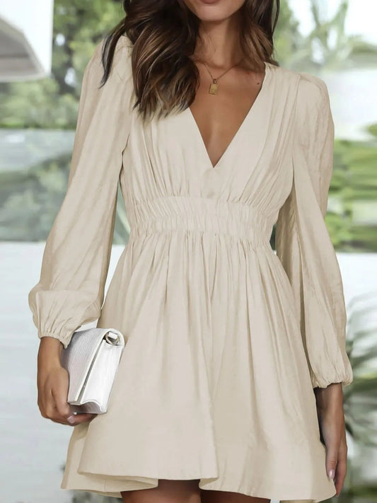 Ruched V-Neck Balloon Sleeve Mini Dress - adritiX