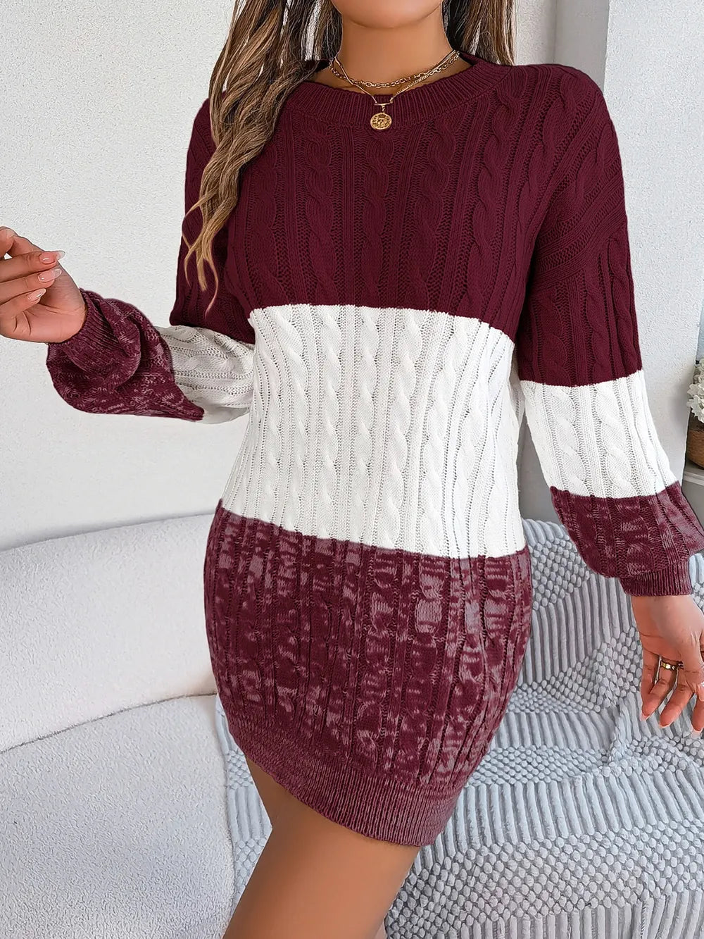 Cable-Knit Round Neck Color Block Sweater Dress - adritiX
