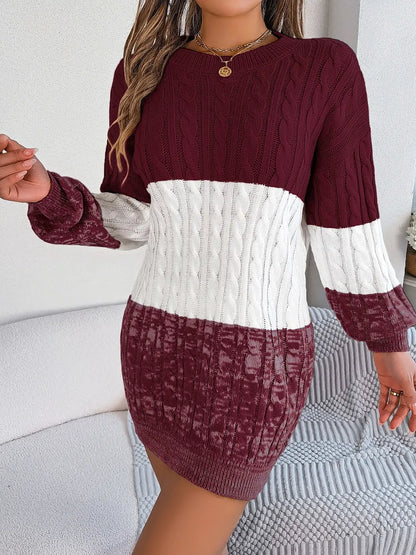 Cable-Knit Round Neck Color Block Sweater Dress - adritiX