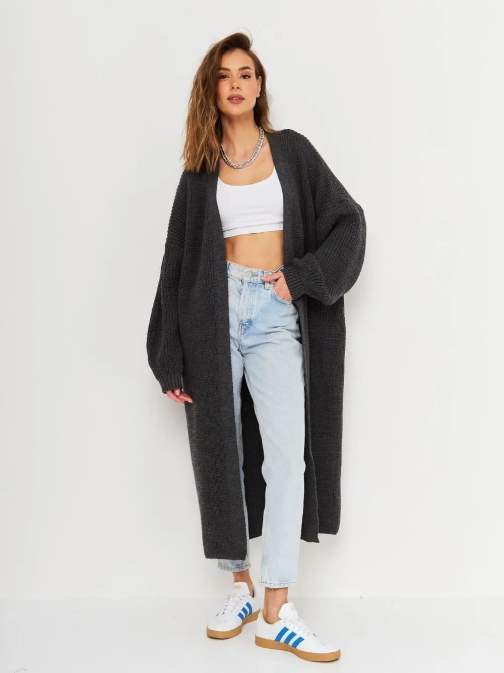 Open Front Long Sleeve Longline Cardigan - adritiX