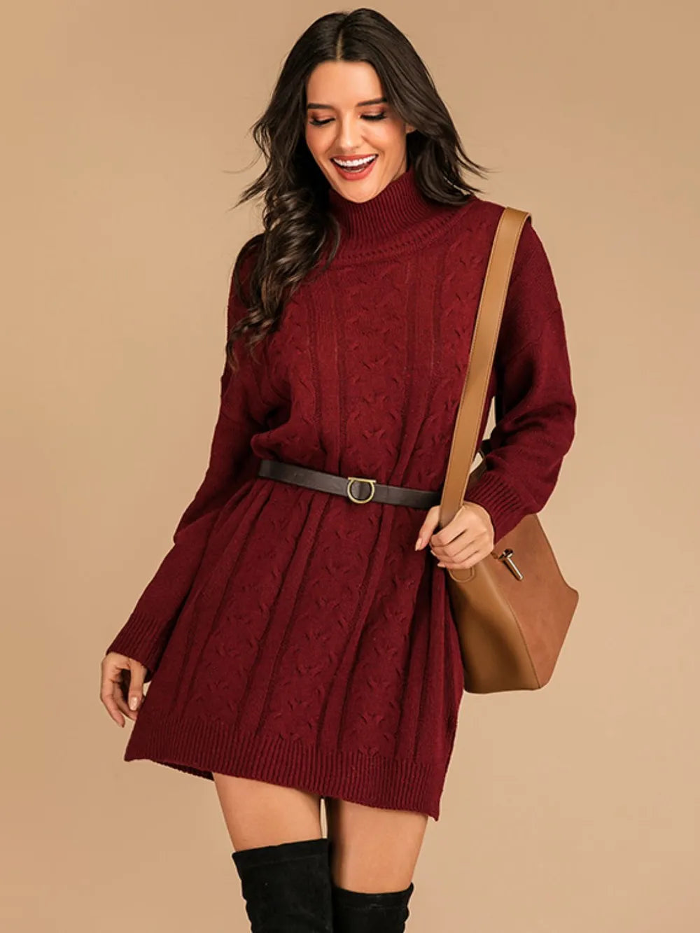Perfee Slit Turtleneck Long Sleeve Mini Sweater Dress - adritiX