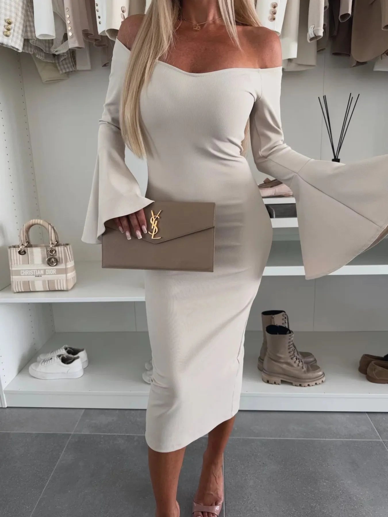 Off Shoulder Bell Sleeve Bodycon Midi Dress - adritiX
