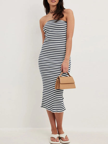 Slit Back Striped Strapless Bodycon Midi Dress - adritiX