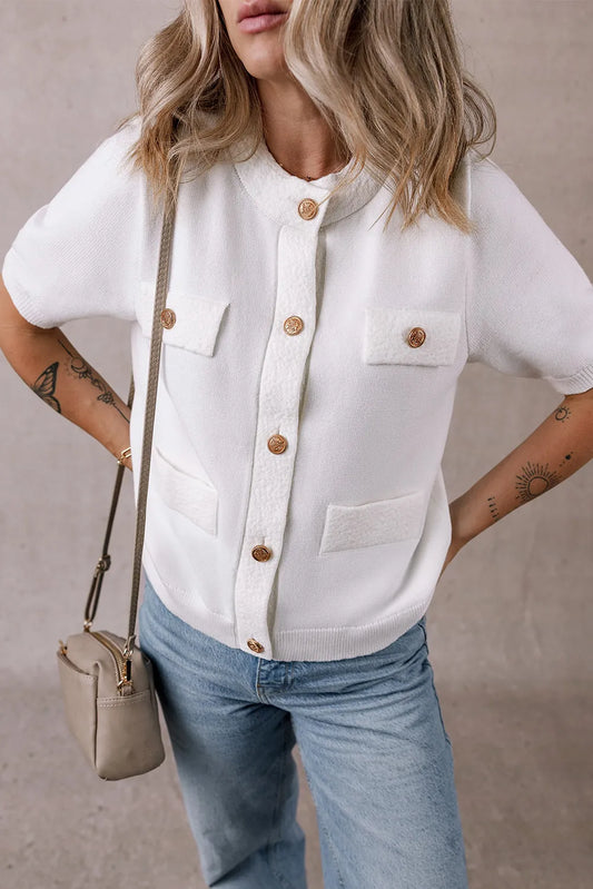 Button Up Round Neck Short Sleeve Knit Top - adritiX