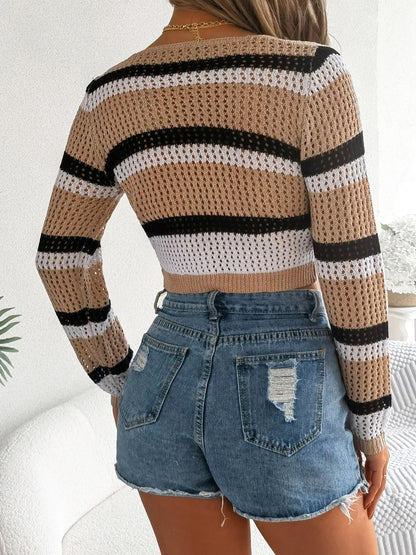 Tied Openwork Long Sleeve Knit Top - adritiX