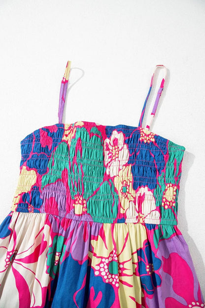 Floral Print Shirred Spaghetti Strap Loose Maxi Dress - adritiX