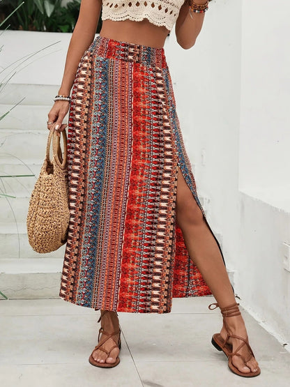 Bohemian Print Split Maxi Skirt - adritiX