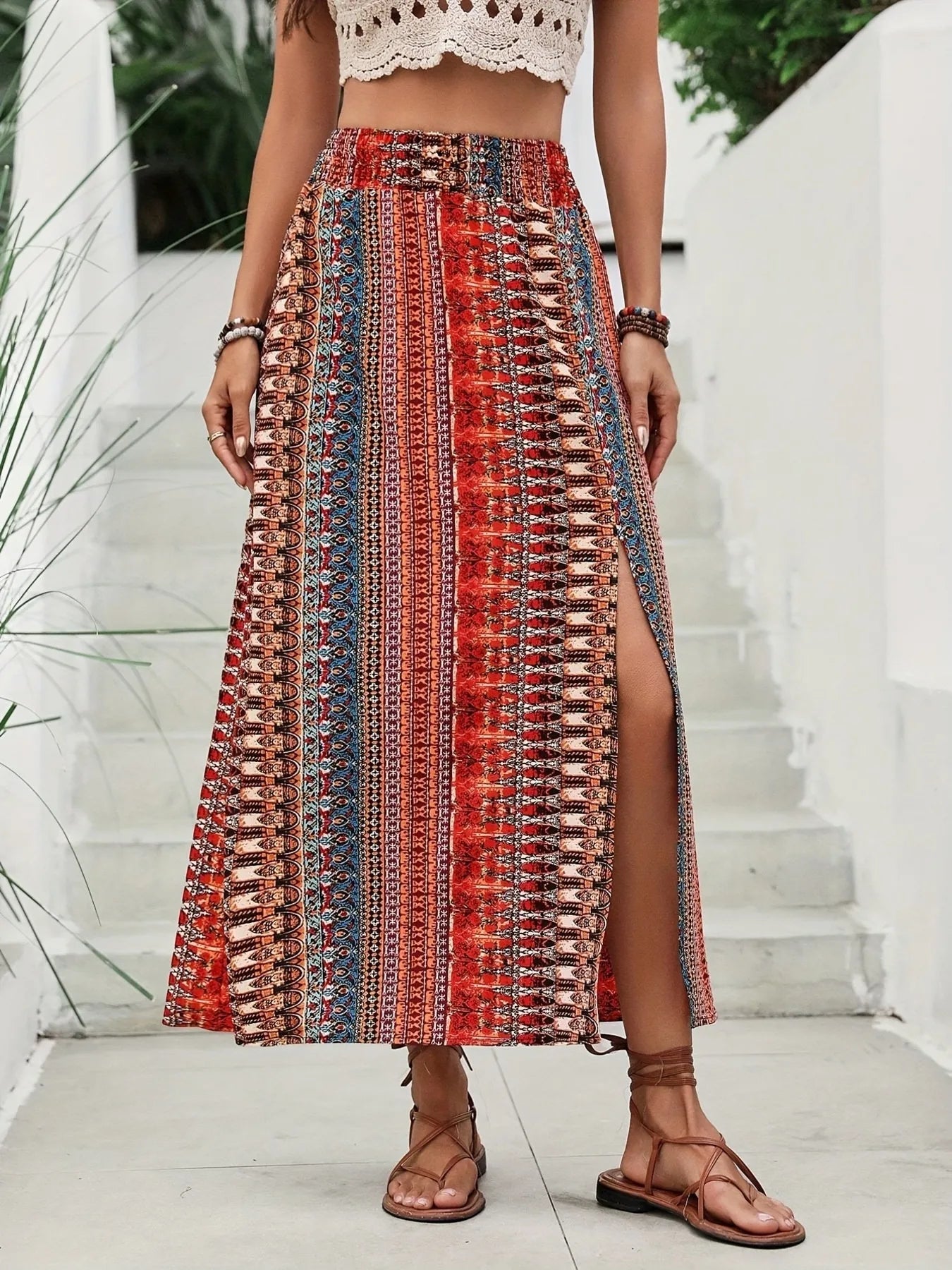 Bohemian Print Split Maxi Skirt - adritiX