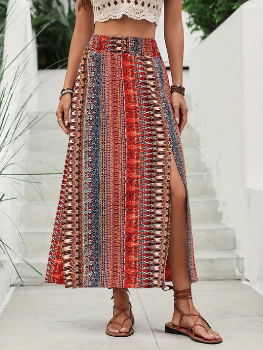 Bohemian Print Split Maxi Skirt - adritiX