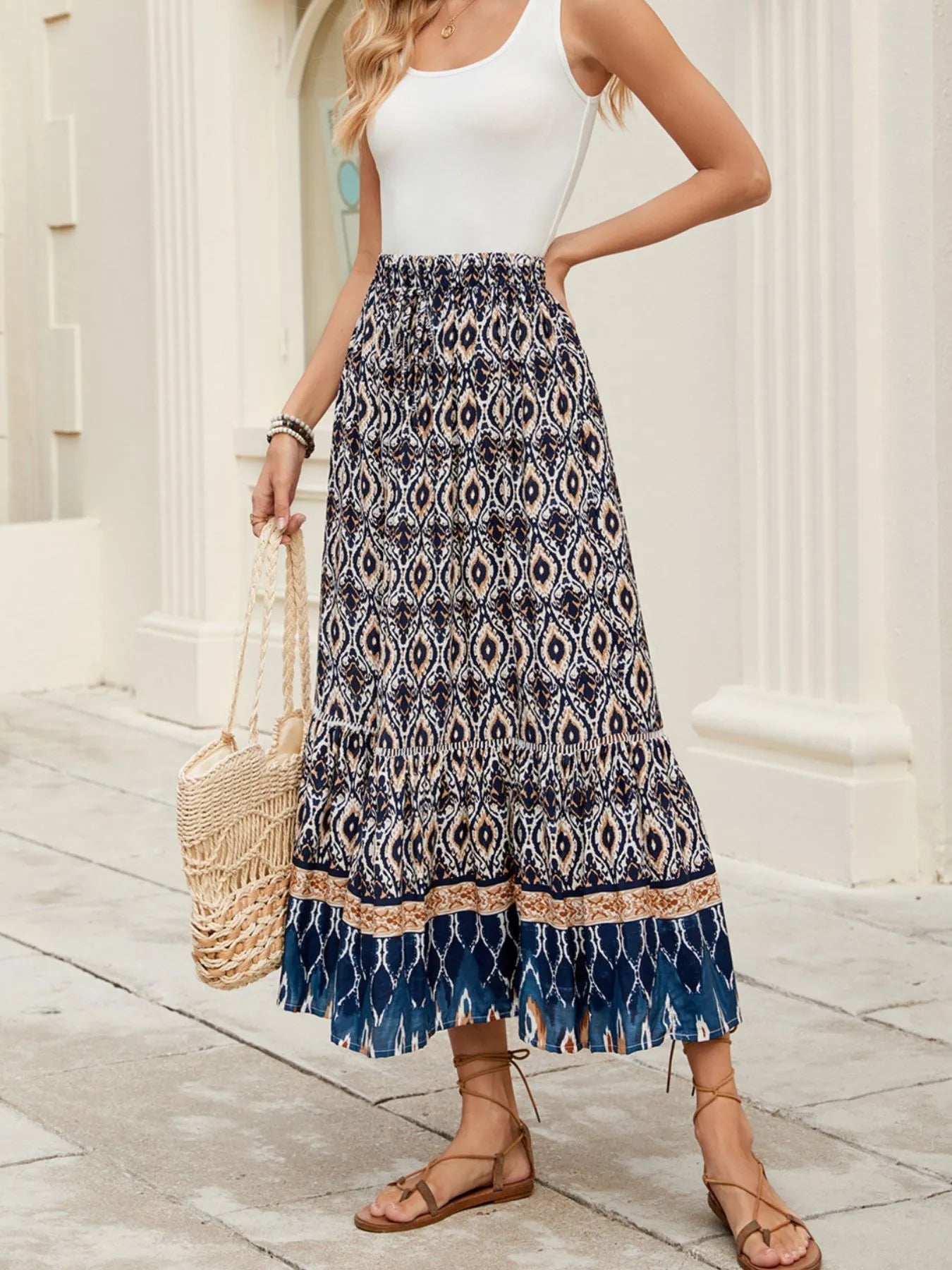 Bohemian Printed Ruched Maxi Skirt - adritiX