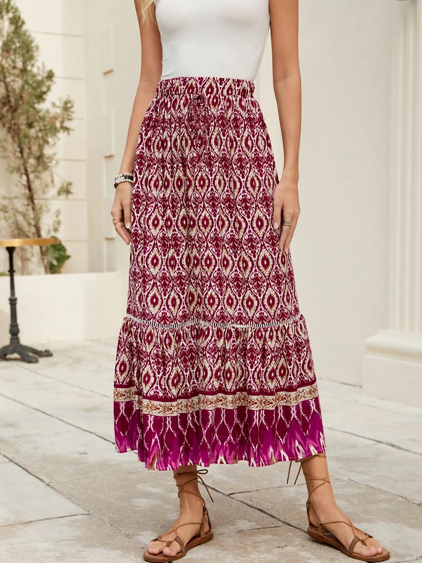 Bohemian Printed Ruched Maxi Skirt - adritiX