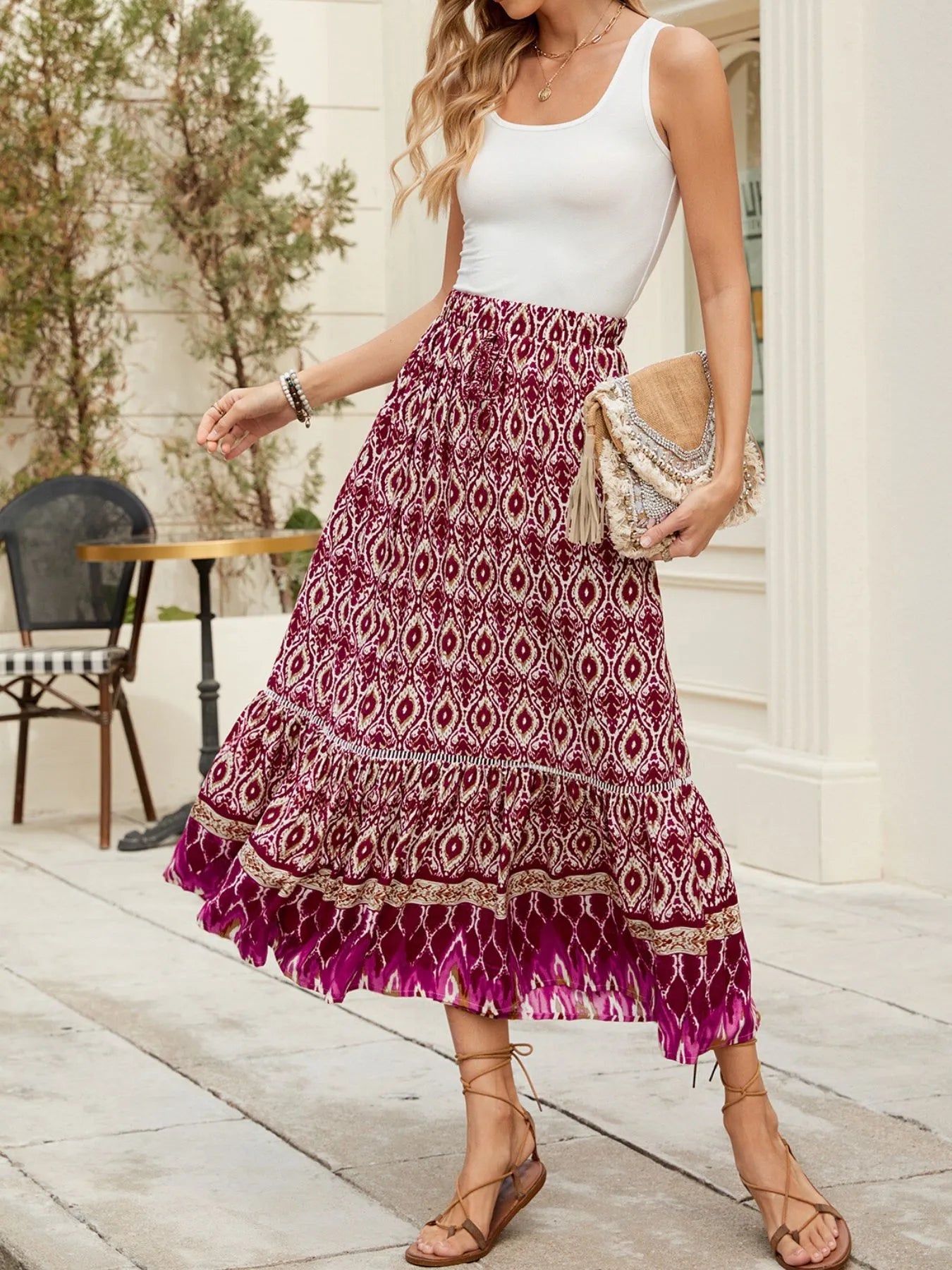 Bohemian Printed Ruched Maxi Skirt - adritiX