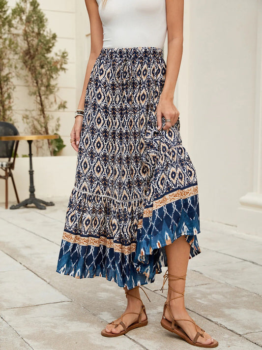 Bohemian Printed Ruched Maxi Skirt - adritiX