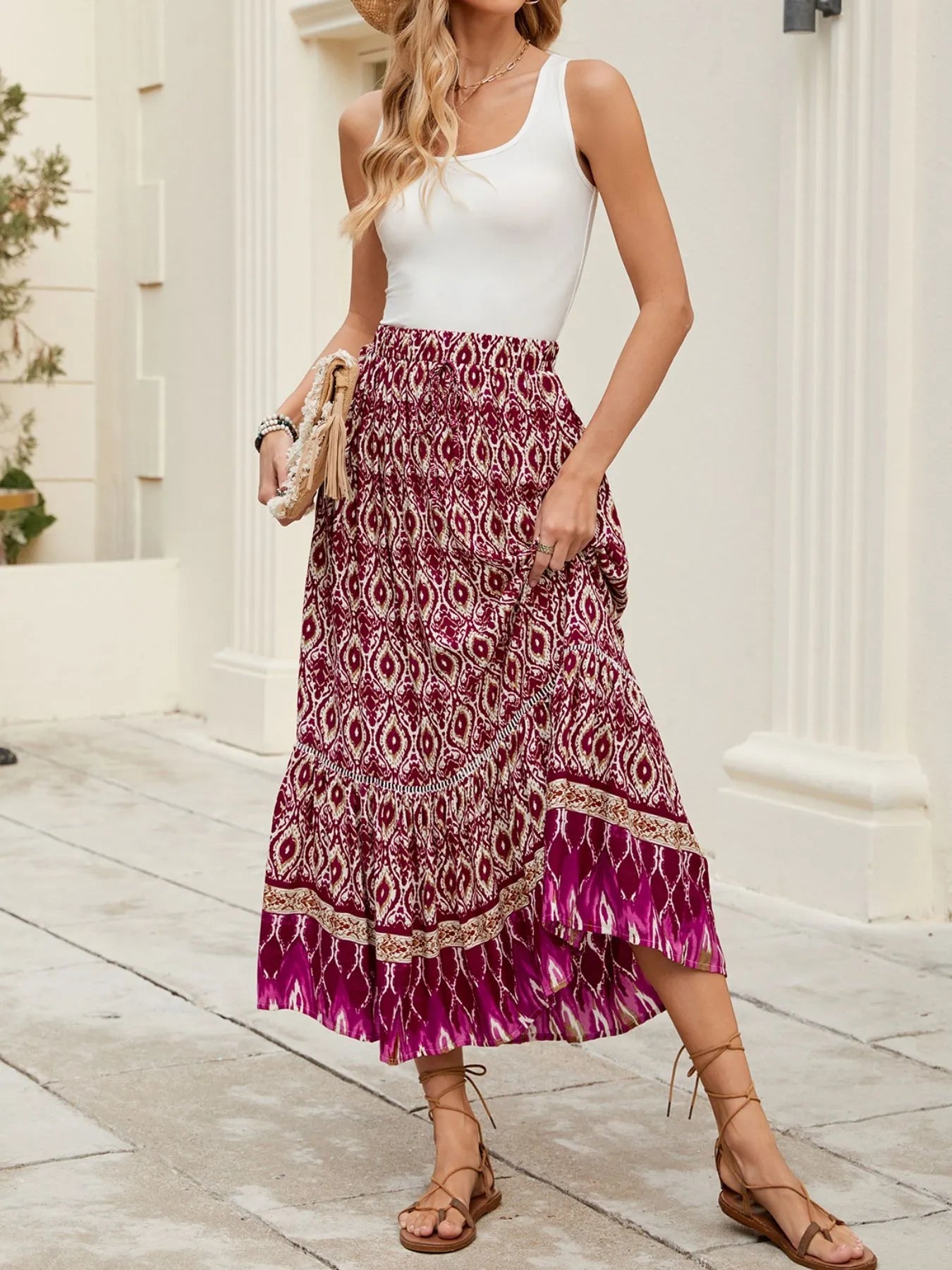 Bohemian Printed Ruched Maxi Skirt - adritiX