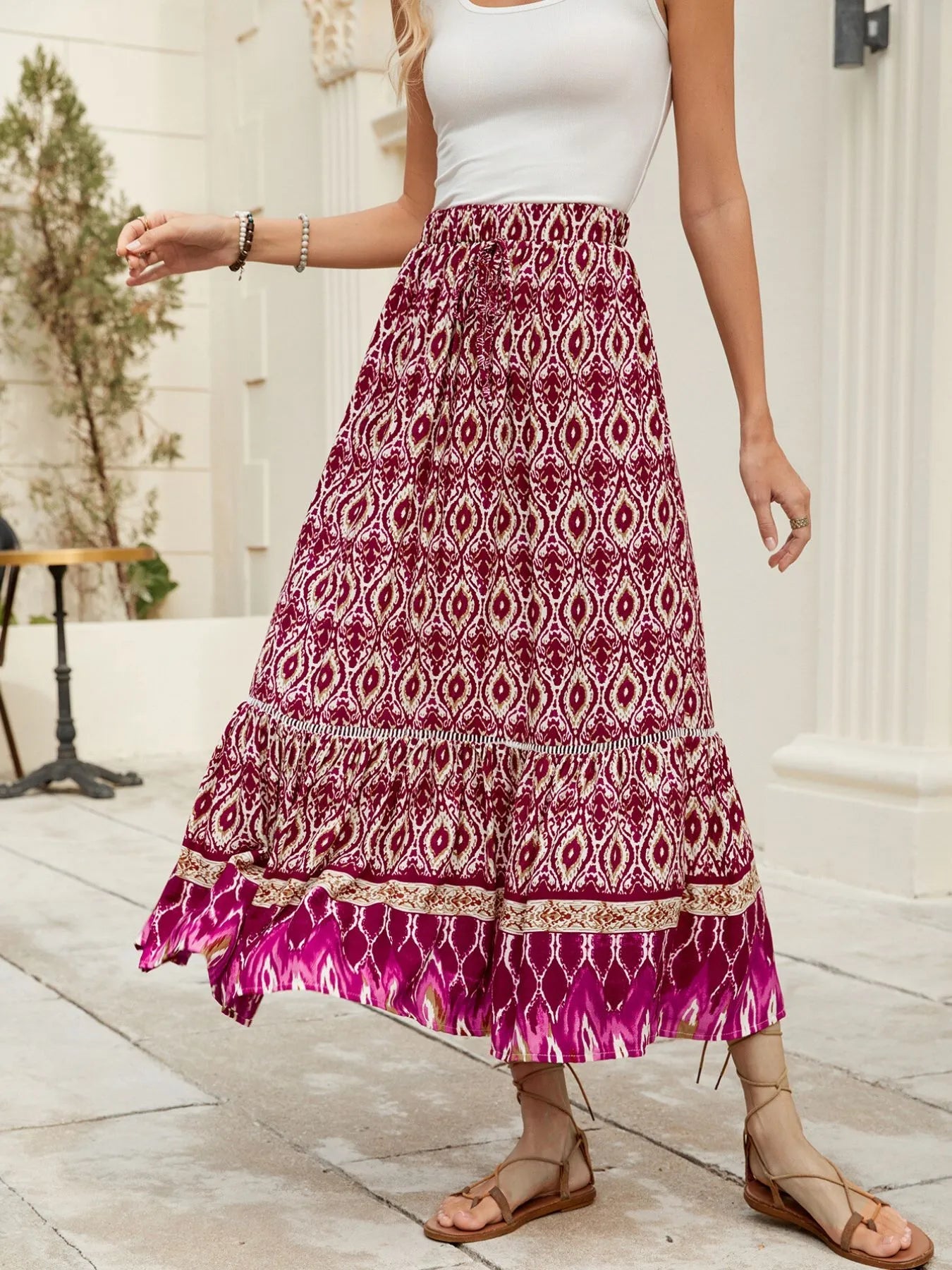 Bohemian Printed Ruched Maxi Skirt - adritiX