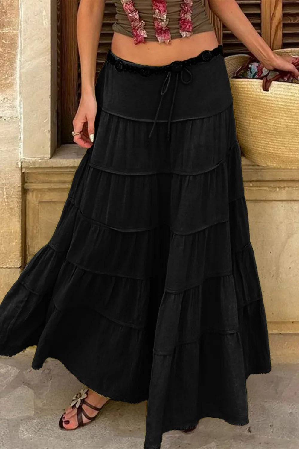 Bohemian Tiered Maxi Skirt with Drawstring Waist - adritiX