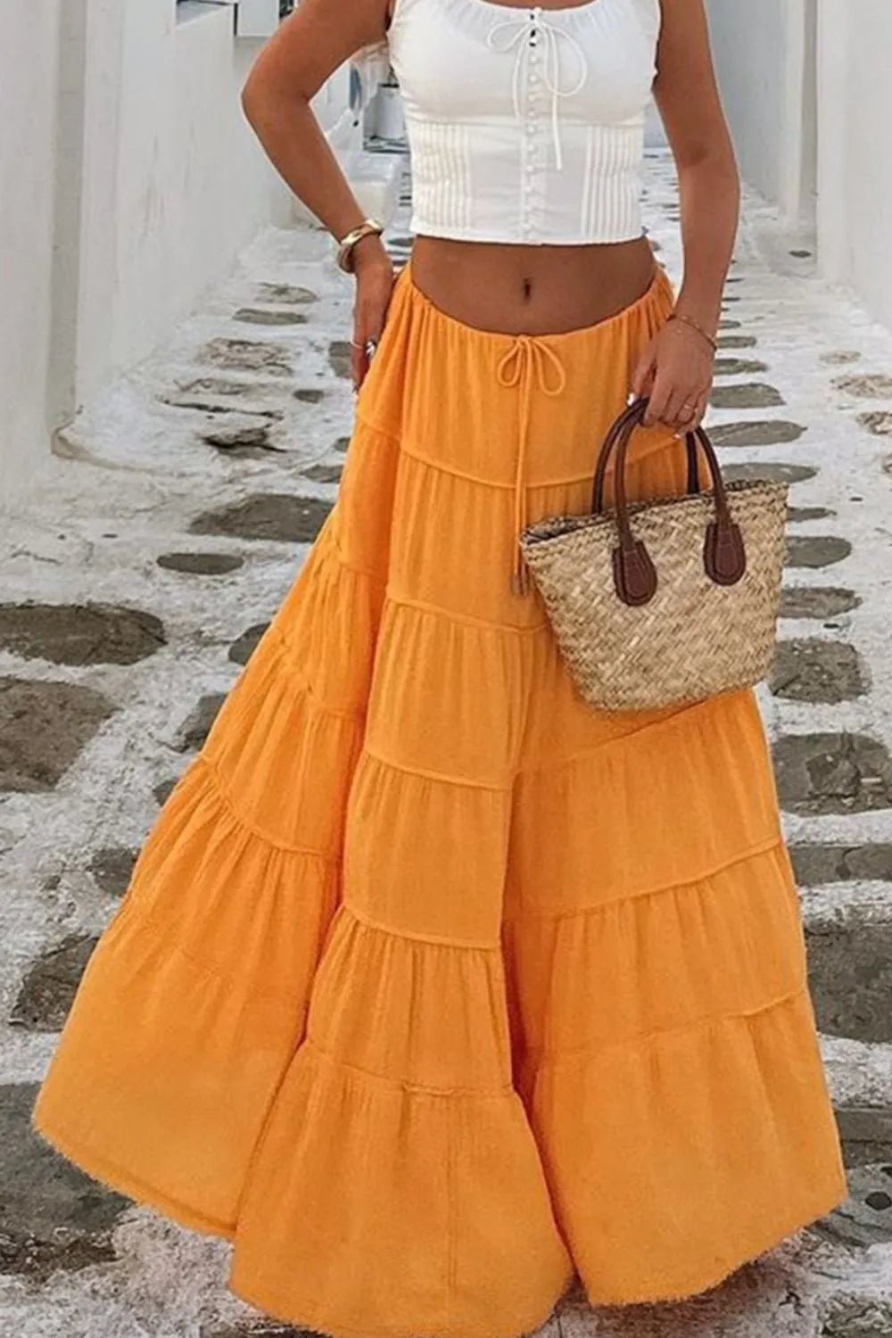 Bohemian Tiered Maxi Skirt with Drawstring Waist - adritiX