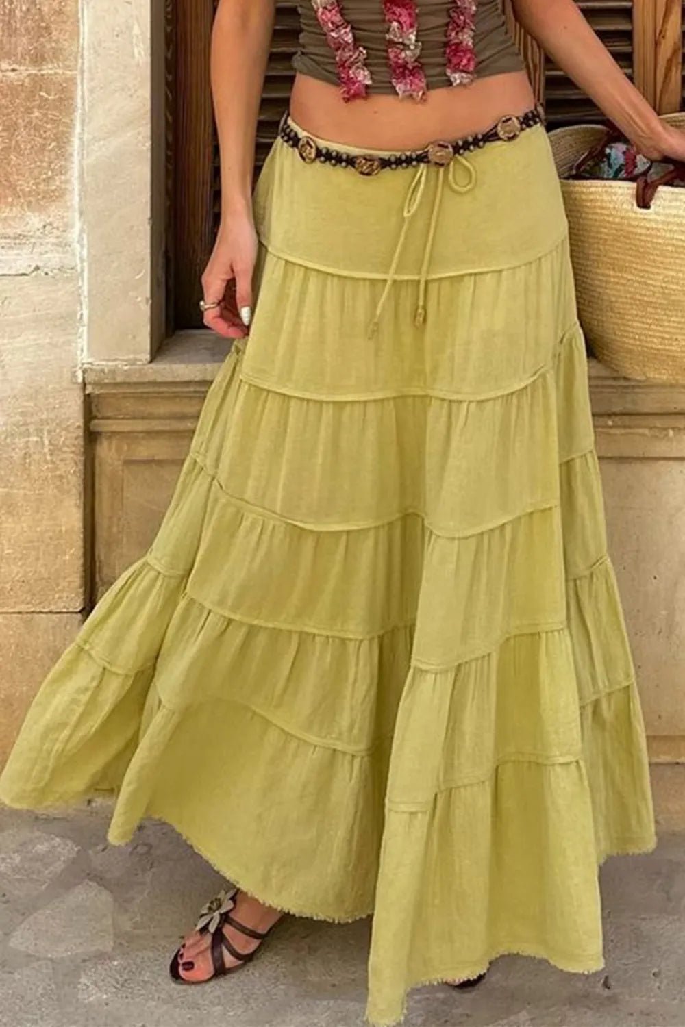 Bohemian Tiered Maxi Skirt with Drawstring Waist - adritiX