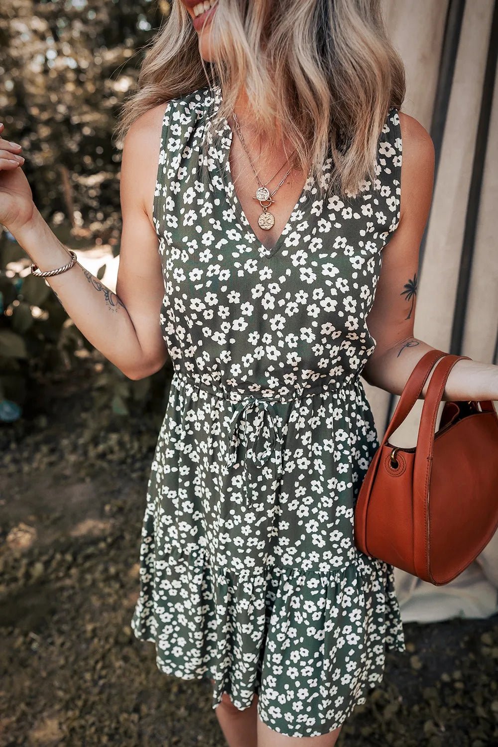 Boho Floral Print V Neck Tunic Sleeveless Dress - adritiX
