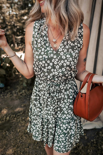 Boho Floral Print V Neck Tunic Sleeveless Dress - adritiX