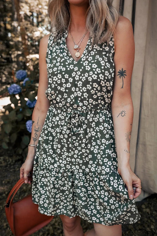 Boho Floral Print V Neck Tunic Sleeveless Dress - adritiX