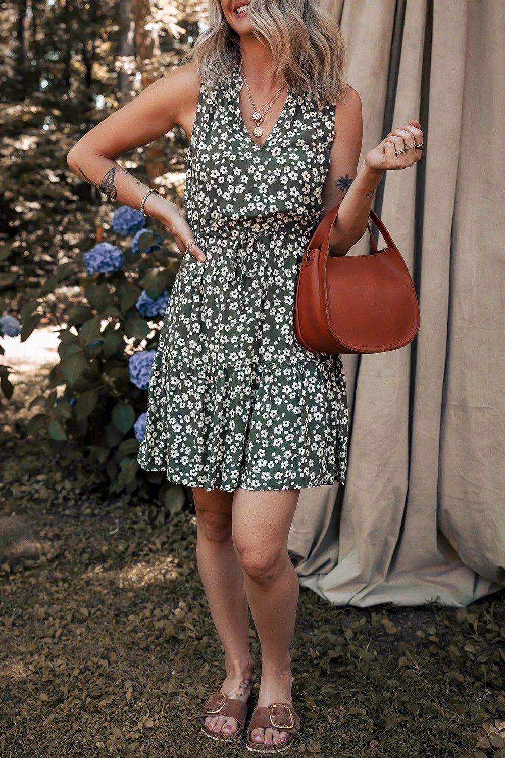 Boho Floral Print V Neck Tunic Sleeveless Dress - adritiX