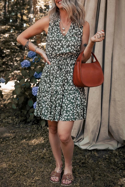 Boho Floral Print V Neck Tunic Sleeveless Dress - adritiX