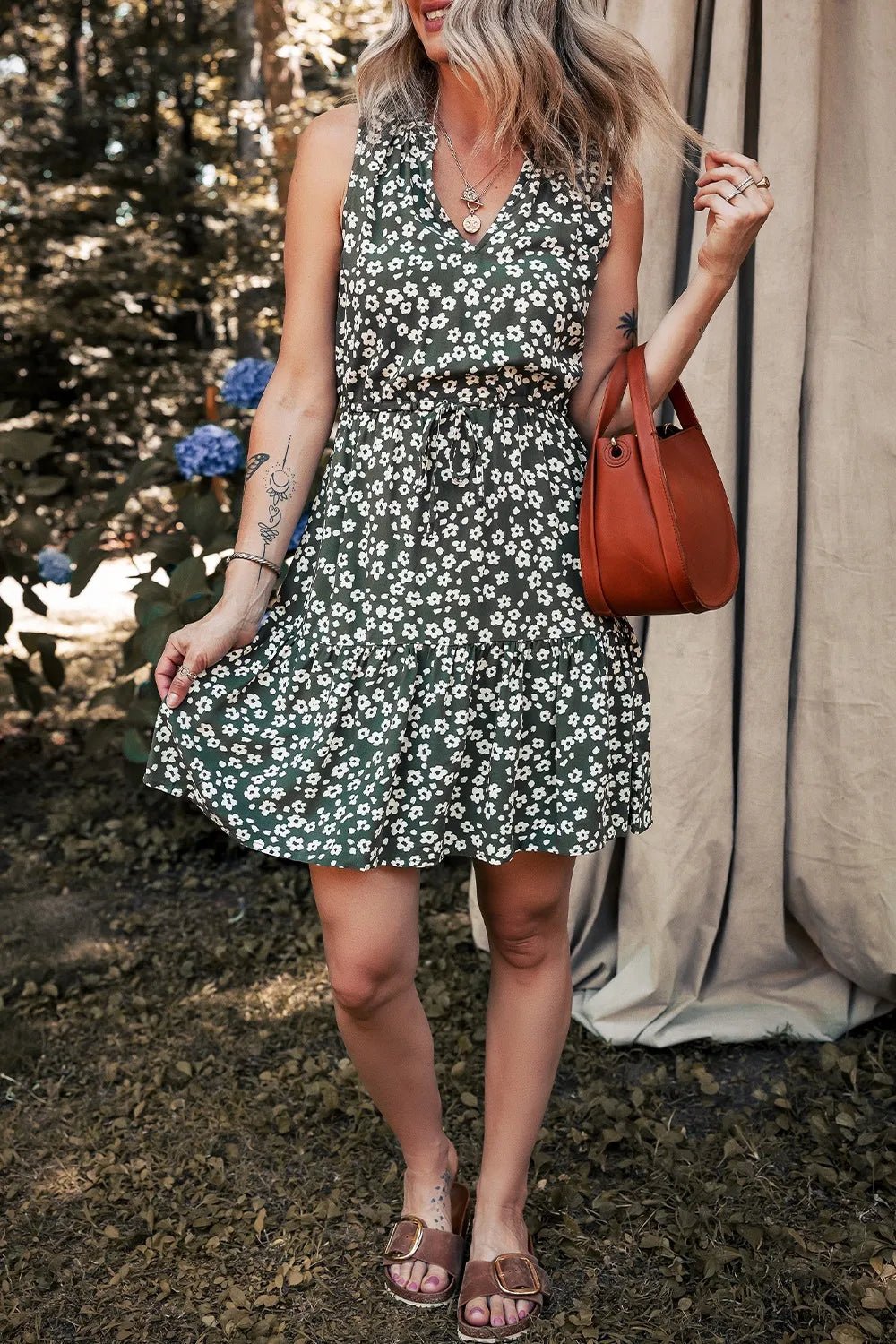 Boho Floral Print V Neck Tunic Sleeveless Dress - adritiX
