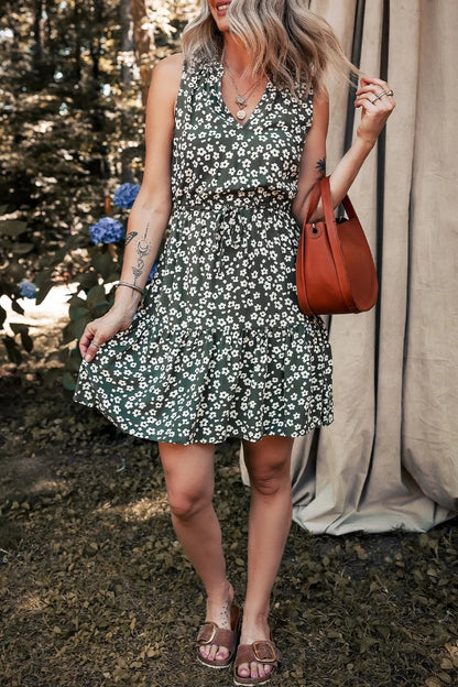 Boho Floral Print V Neck Tunic Sleeveless Dress - adritiX