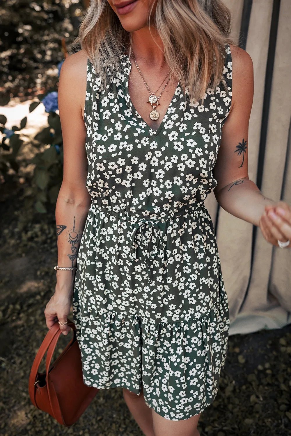 Boho Floral Print V Neck Tunic Sleeveless Dress - adritiX