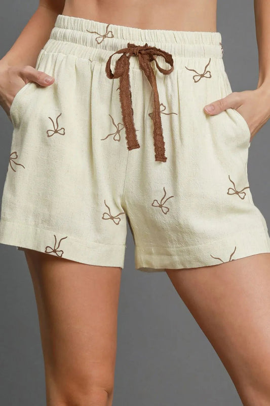 Bow Print Lace Drawstring Casual Shorts - adritiX