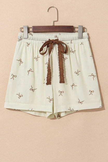 Bow Print Lace Drawstring Casual Shorts - adritiX