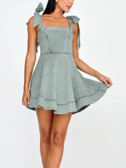 Bow - Shoulder Square Neck Denim Mini Dress - adritiX