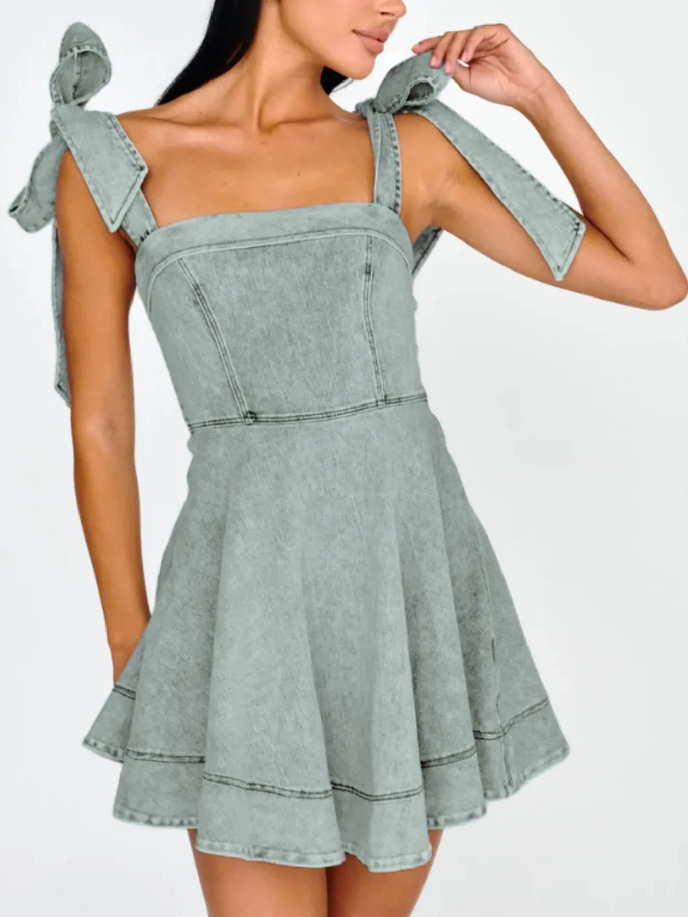 Bow - Shoulder Square Neck Denim Mini Dress - adritiX