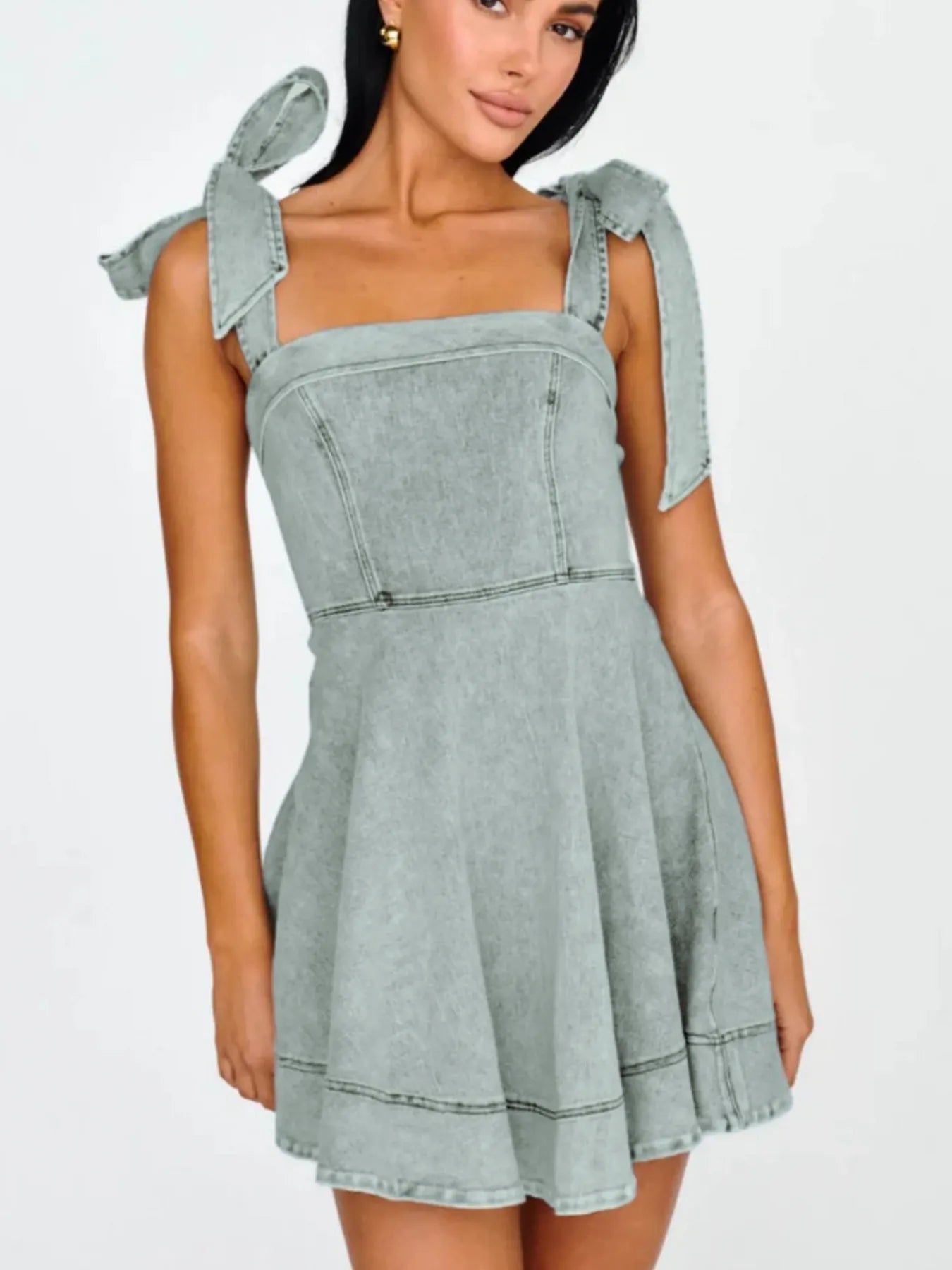 Bow - Shoulder Square Neck Denim Mini Dress - adritiX
